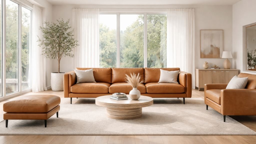 Premium tan leather sofa for professional interior design