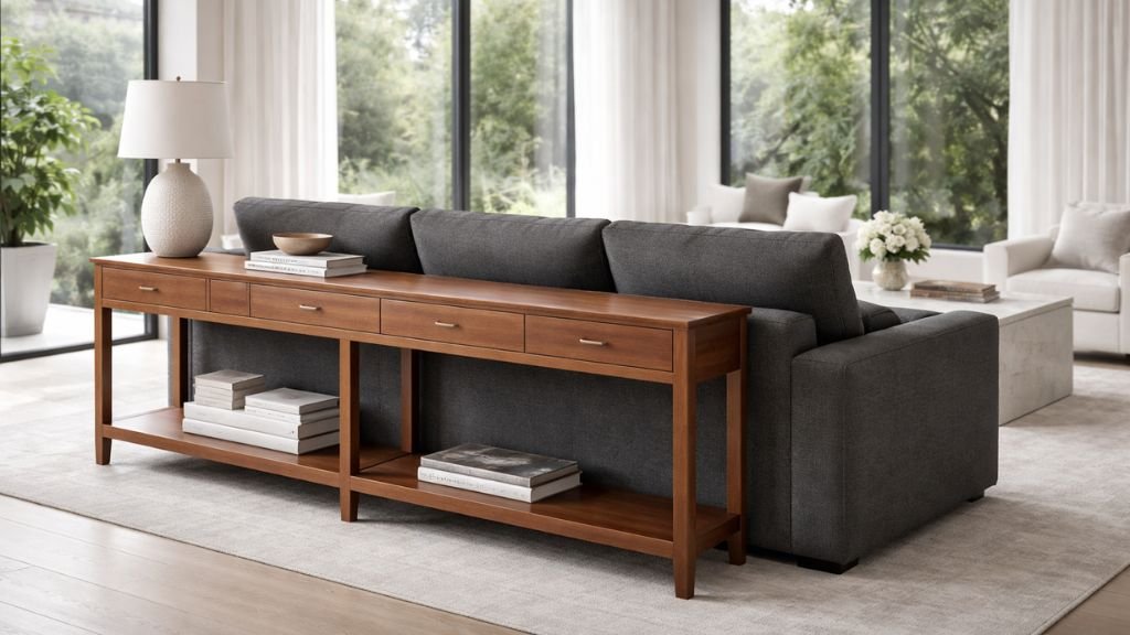 Durable wooden furniture storage solution behind a charcoal grey living room sofa
