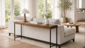 Full side view of a luxury sofa with a modern wooden sofa table ideas for living room 2026