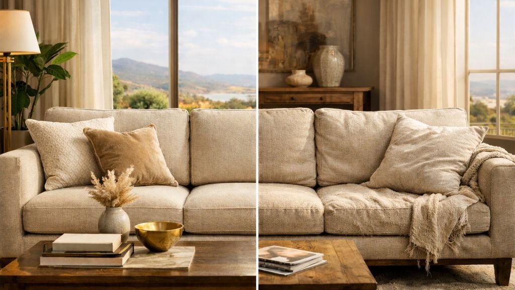 Pros and cons of a beige sofa showing style and maintenance needs