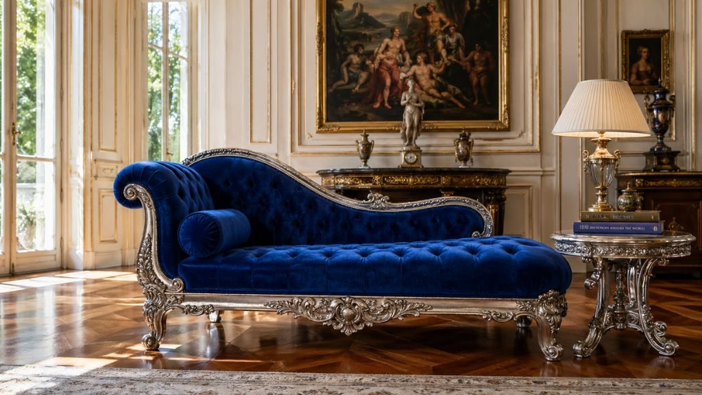 Luxury royal blue velvet chaise lounge in a grand classic room