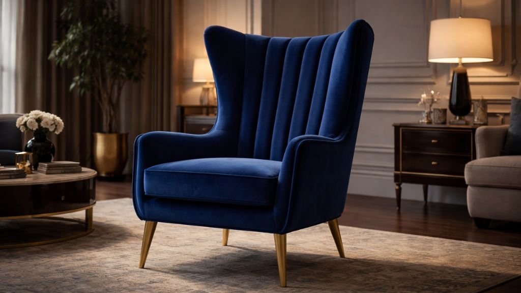 Elegant royal blue wingback seating in a modern lounge