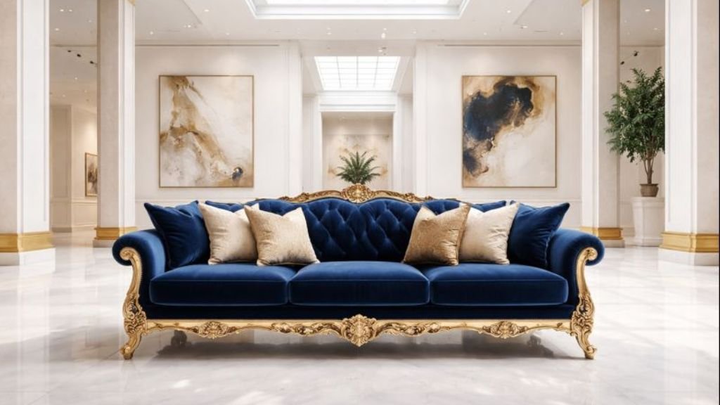 Elegant blue velvet seating with hand-carved gold details in a spacious luxury interior.

