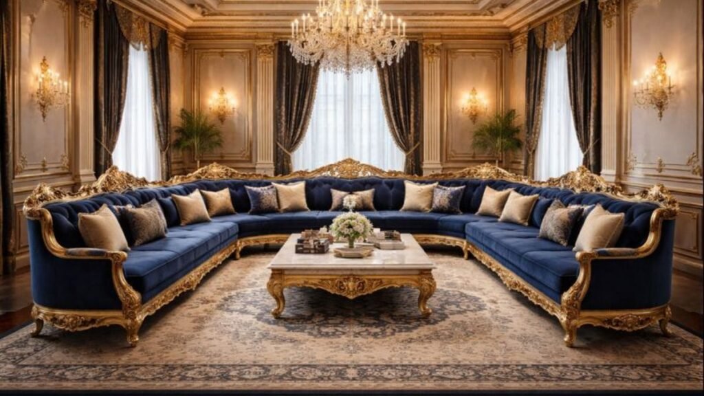 Royal blue U-shaped luxury sofa with gold carvings in a grand living room
