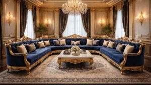 Royal blue U-shaped luxury sofa with gold carvings in a grand living room