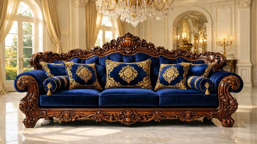 Royal navy blue velvet settee with intricate antique gold carvings in a grand palace interior