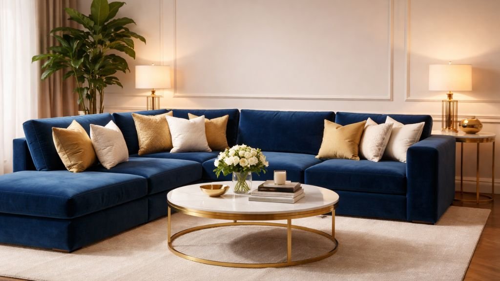 Luxury royal blue velvet sectional with gold coffee table and modern decor