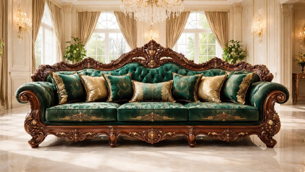 Royal emerald green velvet couch with ornate gold-trimmed hand-carved mahogany frame