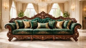 Majestic emerald green wooden sofa with intricate gold carvings in a luxury living room