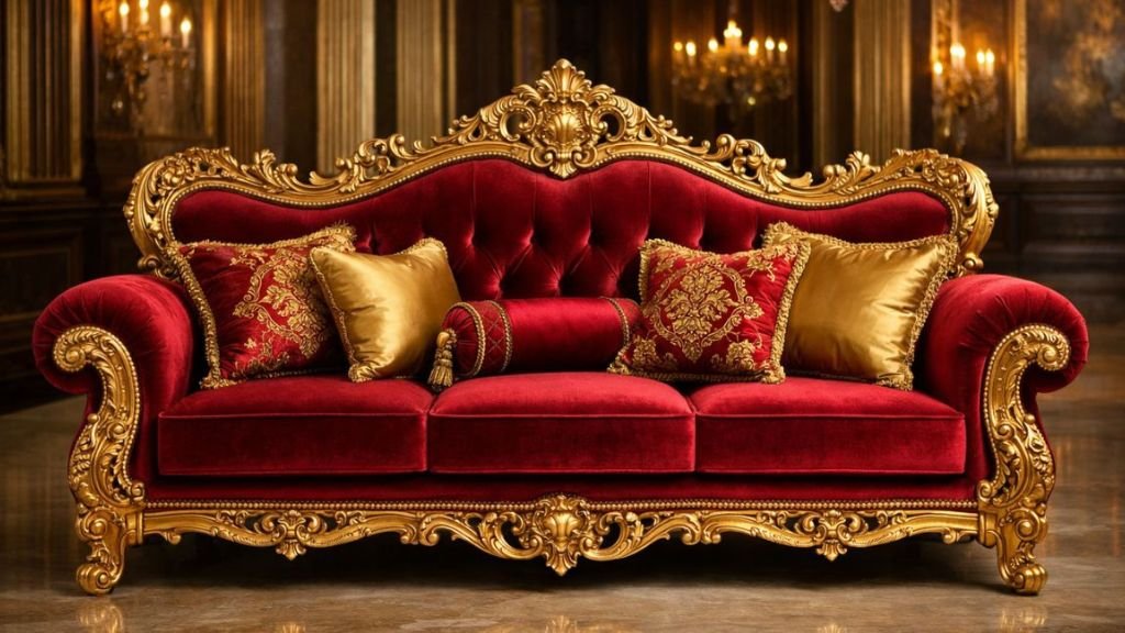 Baroque style ruby red velvet settee with heavy gold-leaf ornamental carvings