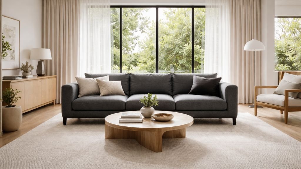 Spacious three-person charcoal grey couch in a well-proportioned living room showing perfect scale.