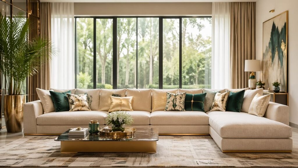 "Modern beige L-shaped sofa styled with premium emerald green and gold patterned cushion covers in a luxury living room."