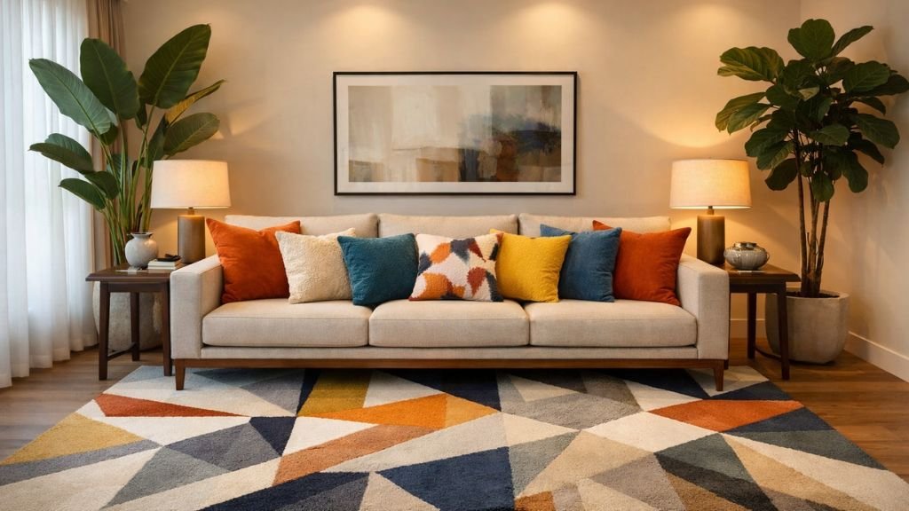Creative sofa design ideas with colorful cushions and rug