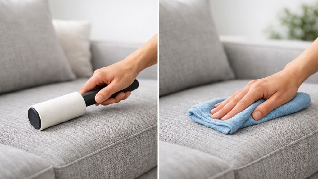 Close-up of cleaning a modern couch with a soft cloth for long-term care.