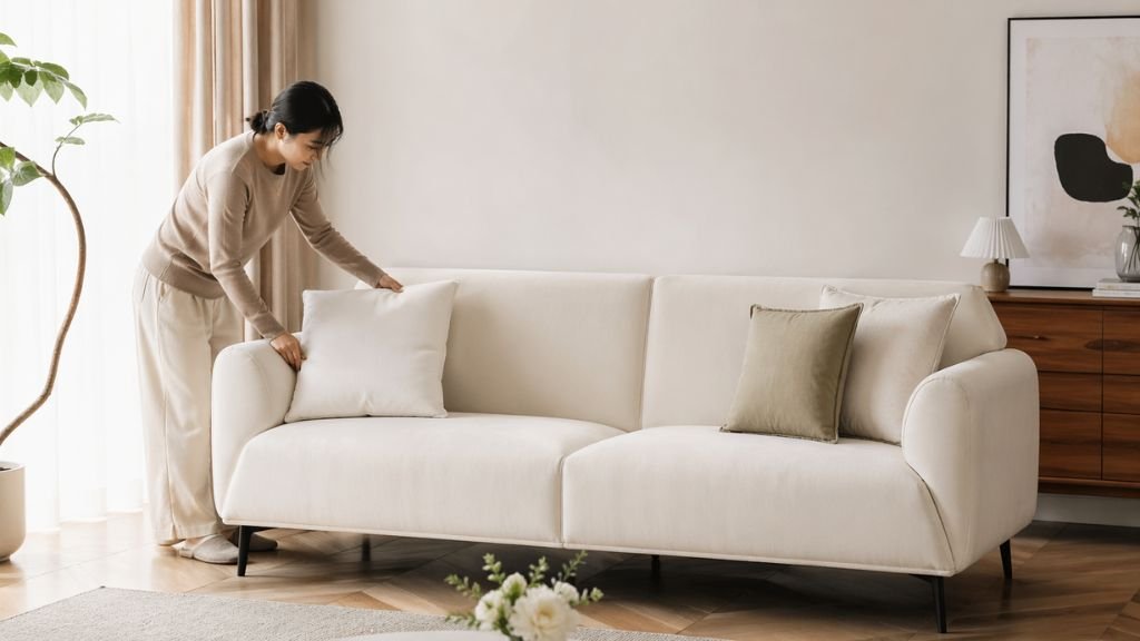 A person arranging clean cushion covers on a full-view modern cream sofa.