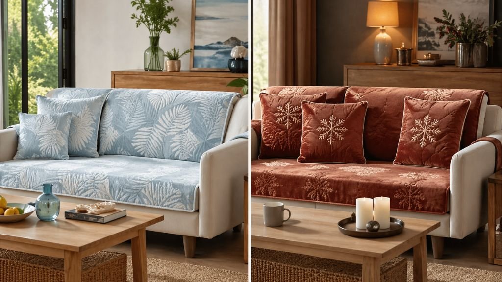 Split-view of a modern sofa showing seasonal transformations with blue summer and velvet winter cushion covers.