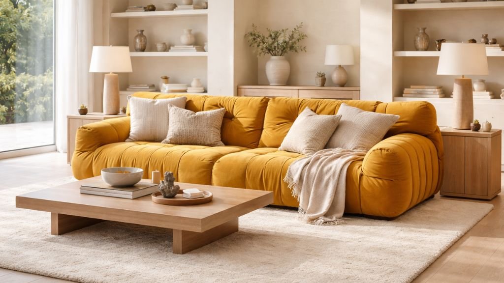 Expertly styled mustard Togo sofa with a minimal coffee table and plush rug