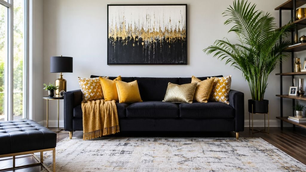 Luxury living room decor with gold wall art and bright pillows