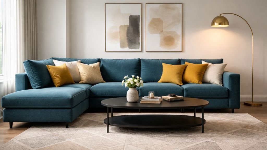 Professionally styled deep teal sectional with mustard cushions and gold floor lamp decor
