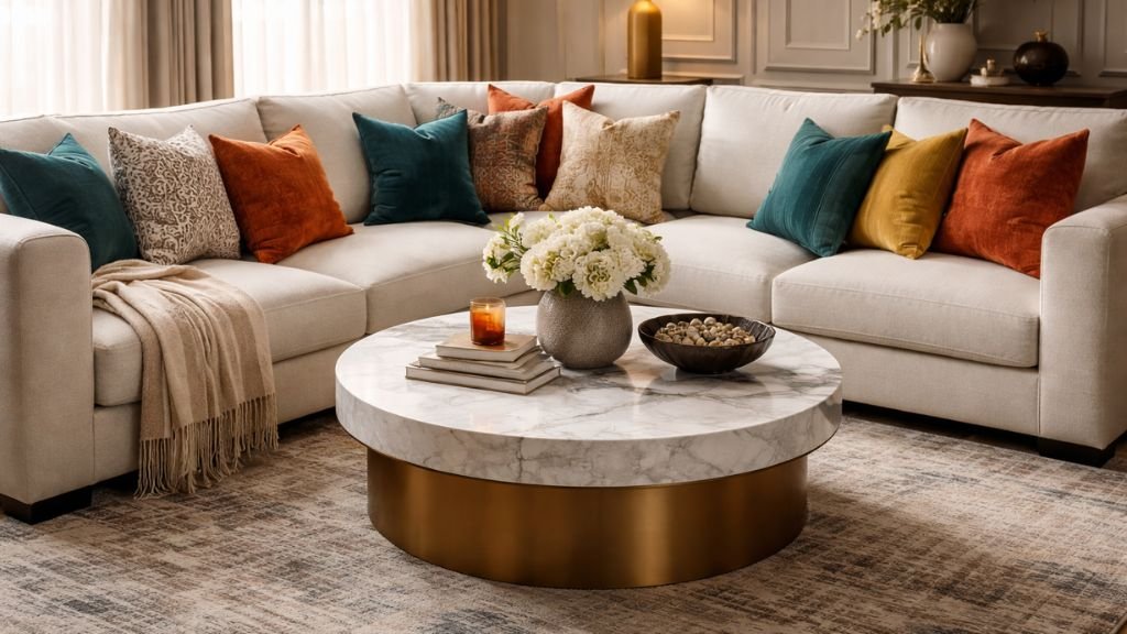 Decorative cushions and marble coffee table on a U-shaped sofa
