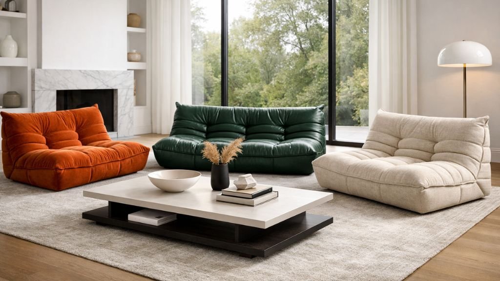 Togo sofas in different vibrant fabrics like rust velvet and green leather
