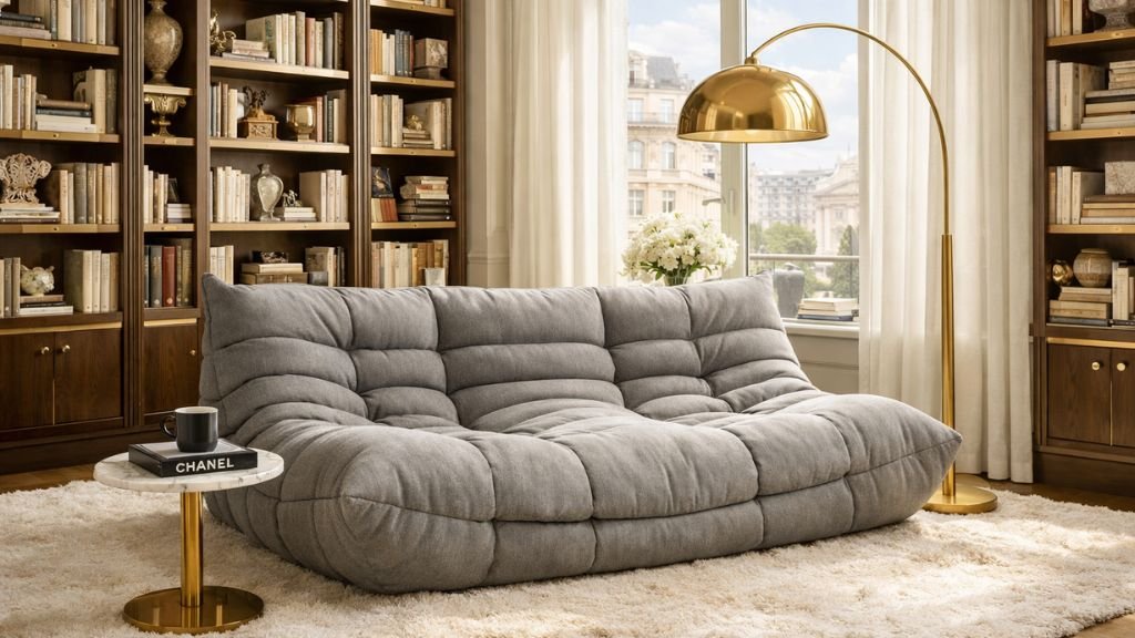 Luxurious grey Togo sofa in a stylish reading corner with modern decor