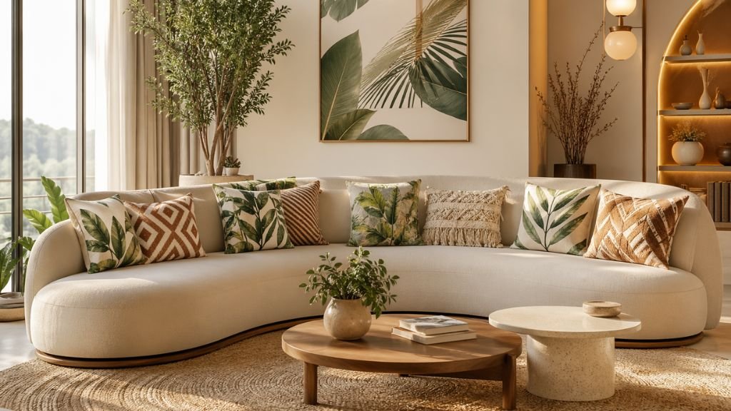 Full view of a luxury curved sofa with nature-inspired and boho style cushion covers