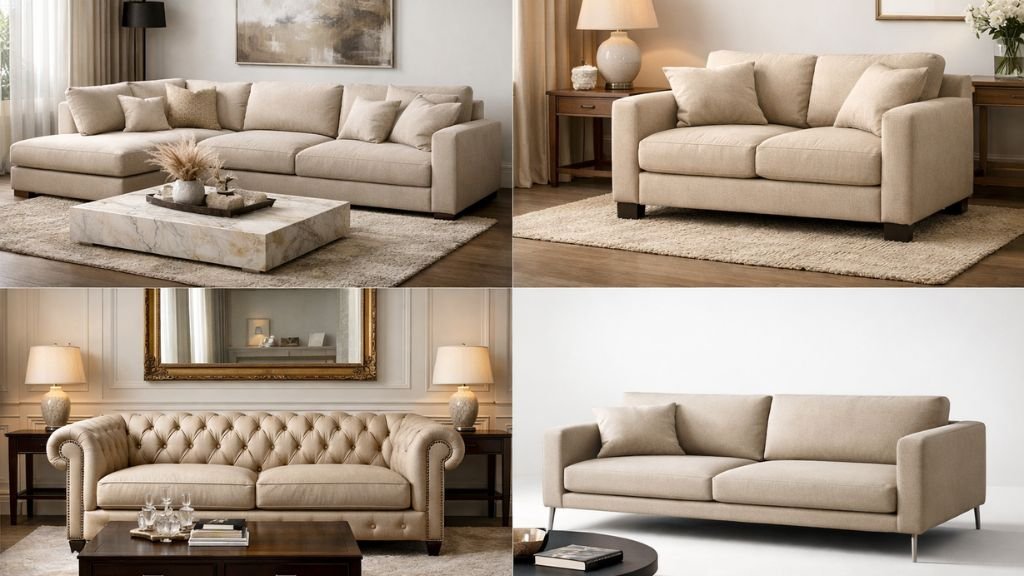 Various styles of neutral home furniture including Chesterfield and modern couches