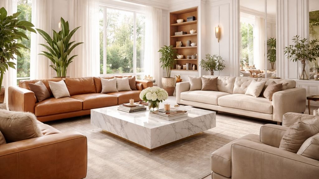 Spacious sunlit lounge area with comfortable tan and cream seating arranged around a marble coffee table