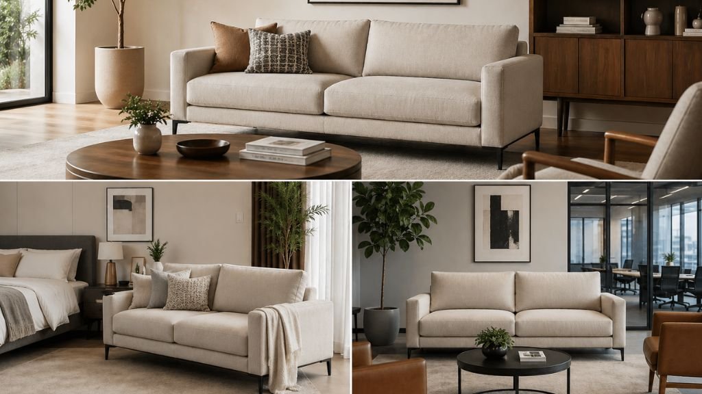 Modern seating set arranged in a living room, bedroom, and office.