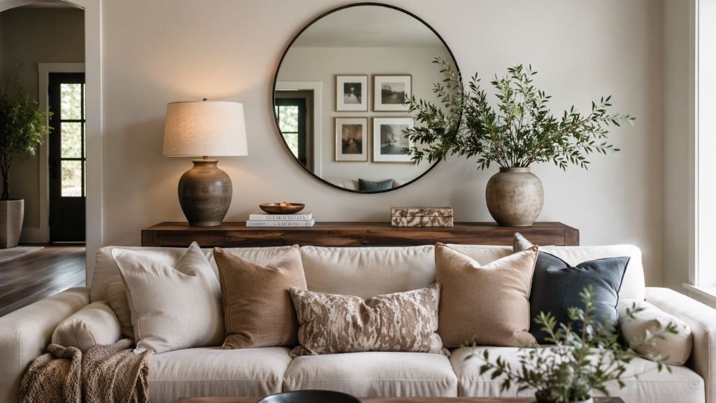 Cozy living room interior with a round wall mirror and rustic furniture accents behind a white sofa
