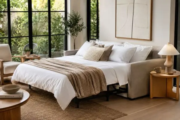 Luxury modern daybed setup extended into a comfortable queen bed with white linen