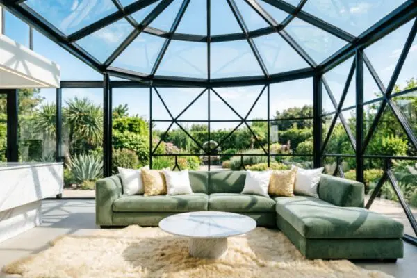 Bright glass atrium sunroom looking out onto a lush green botanical garden