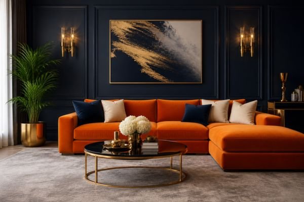 Navy blue accent wall and white cushions creating a perfect color contrast in a luxury lounge.
