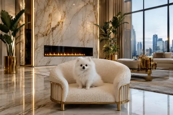 Small fluffy puppy relaxing on a premium luxury puppy sofa inside a modern living room