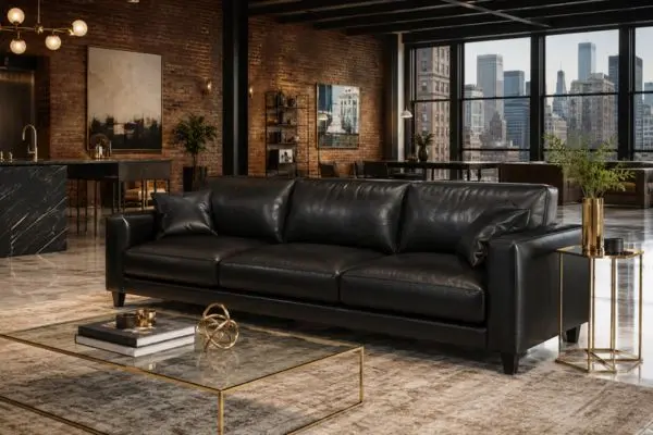 Modern industrial loft living room with exposed brick walls and elegant dark furniture