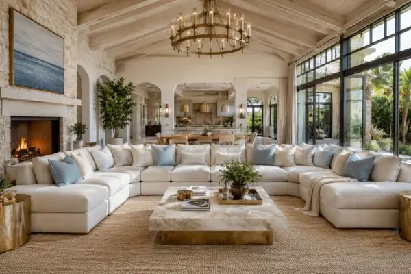 Grand luxury living room with a large cream sofa showing various interior styles
