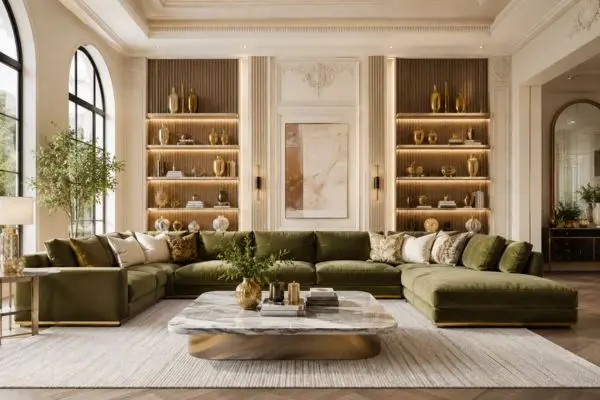 A heavy luxury grand living room setup displaying an olive green sofa suitable for various high-end interior styles.