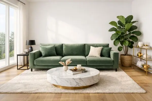 Minimalist studio lounge featuring light oak flooring and a large potted fiddle-leaf fig plant