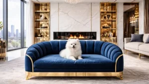 A grand wide shot of a luxury royal navy blue velvet dog sofa bed with a white Pomeranian puppy inside a bright penthouse
