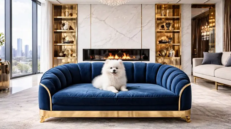 A grand wide shot of a luxury royal navy blue velvet dog sofa bed with a white Pomeranian puppy inside a bright penthouse