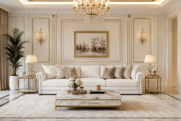 A luxury white sofa against elegant cream and beige walls in a modern living room.
