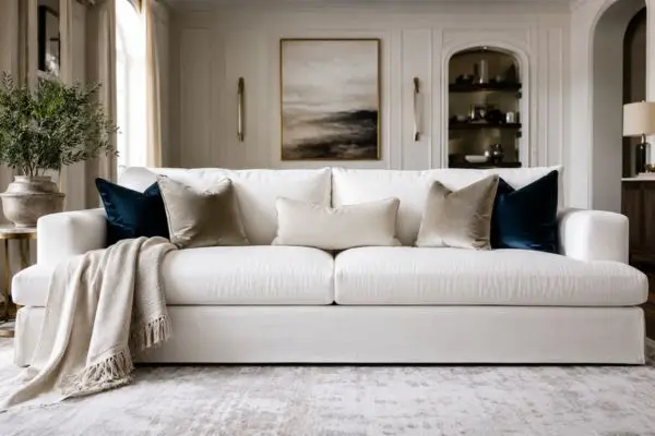 Premium fabric material textures including velvet linen and leather for living room furniture.