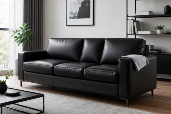 Clean and well-maintained black leather sofa with a microfiber cloth on the armrest