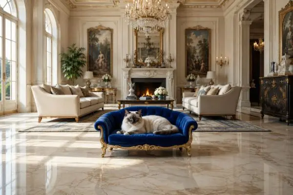 Elegant royal blue pet furniture in luxury living room