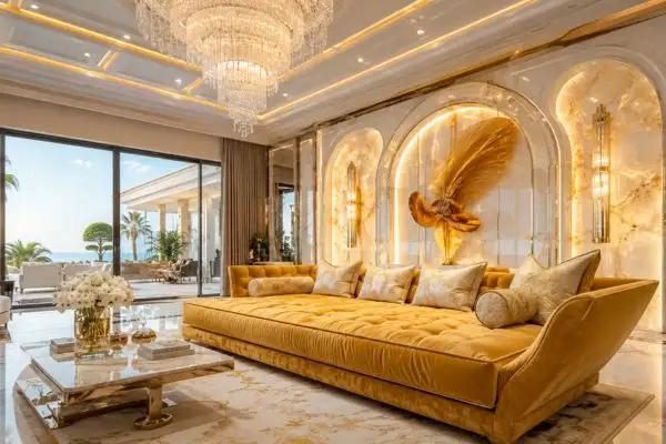 Mustard yellow velvet seating with cream cushions in a bright luxury hall