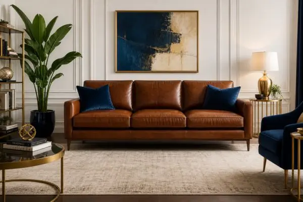Luxury brown sofa with colorful combinations of blue, gold, and green