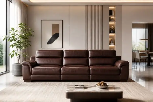 Full view of a well-maintained and clean luxury brown leather sofa