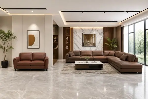 Full view comparison of a small 2-seater and a large luxury sectional brown sofa