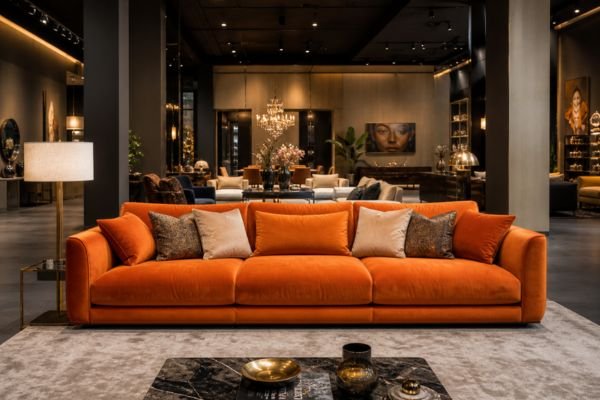 A wide view of a luxury orange sofa in a high-end furniture showroom for a professional buying guide.